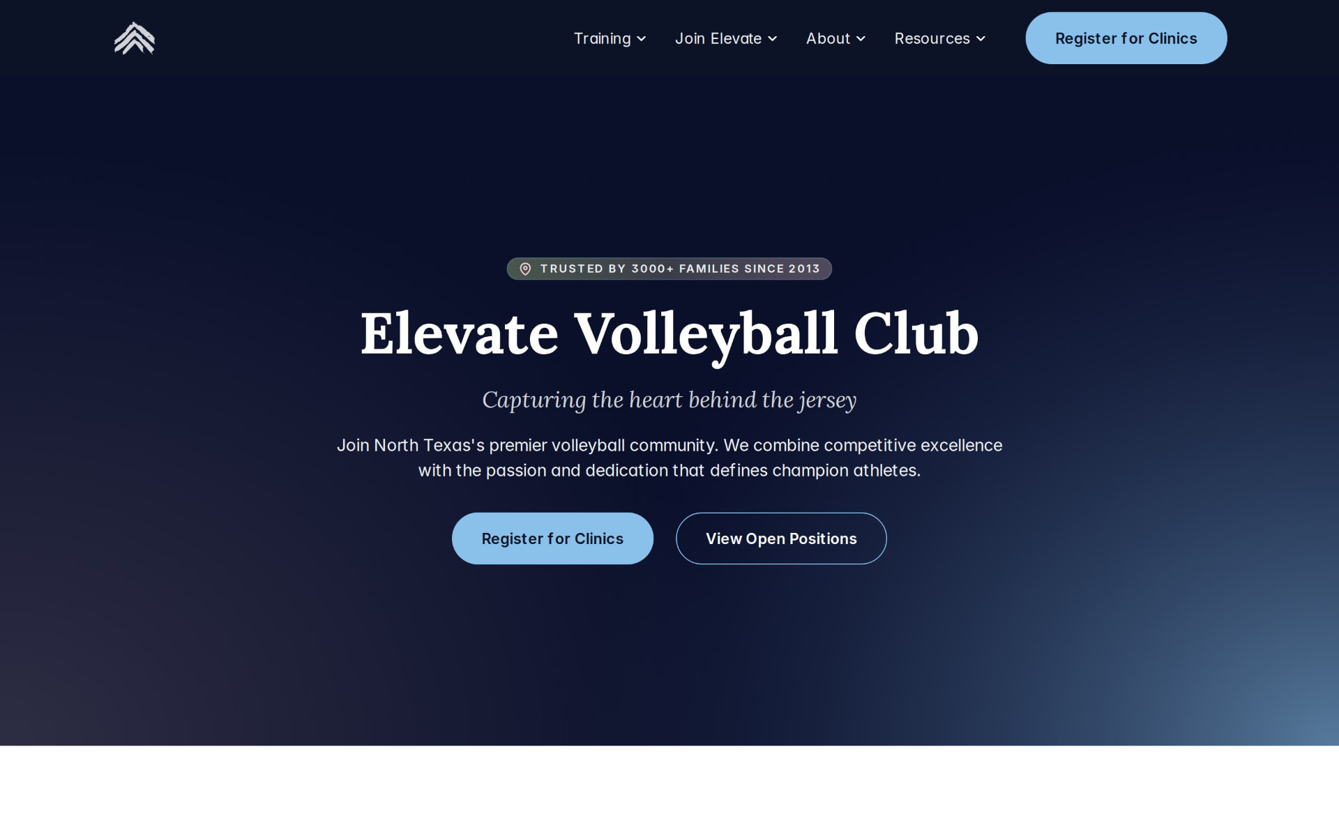 Elevate Volleyball Club website after the rebuild